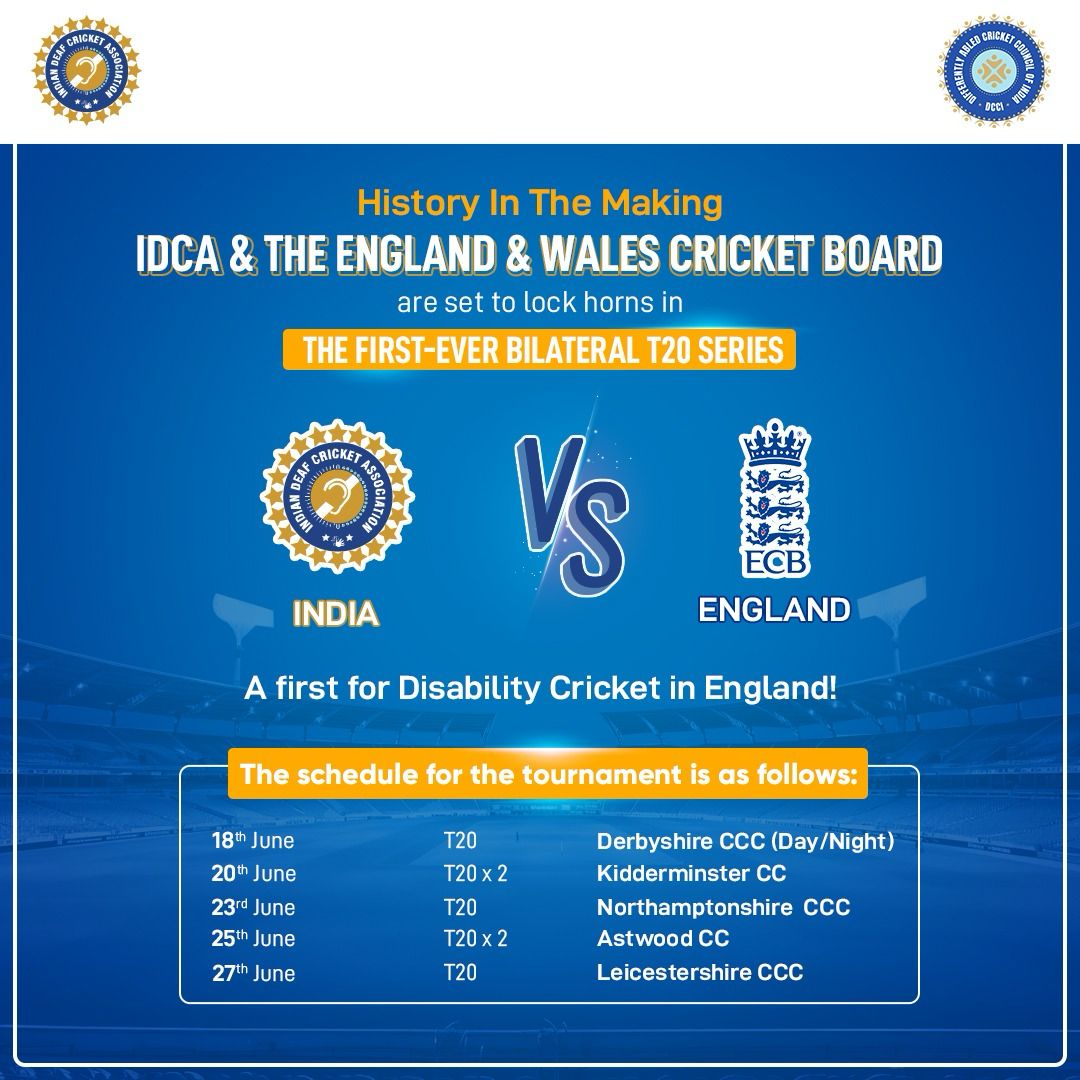 INDIAN DEAF CRICKET ASSOCIATION (IDCA)🇮🇳 (@official_idca) on Twitter photo History is about to be made in Disability Premier League. IDCA and ECB are about to face off in a two-week T20 series.
It is set to begin at the Incora County Ground in Derby
Stay tuned for more exciting news!
#IDCA <a href="/ECB_cricket/">England and Wales Cricket Board</a> <a href="/BCCI/">BCCI</a> <a href="/JayShah/">Jay Shah</a> #Derby #DisabilityPremierLeague History is about to be made in Disability Premier League. IDCA and ECB are about to face off in a two-week T20 series.
It is set to begin at the Incora County Ground in Derby
Stay tuned for more exciting news!
#IDCA <a href="/ECB_cricket/">England and Wales Cricket Board</a> <a href="/BCCI/">BCCI</a> <a href="/JayShah/">Jay Shah</a> #Derby #DisabilityPremierLeague