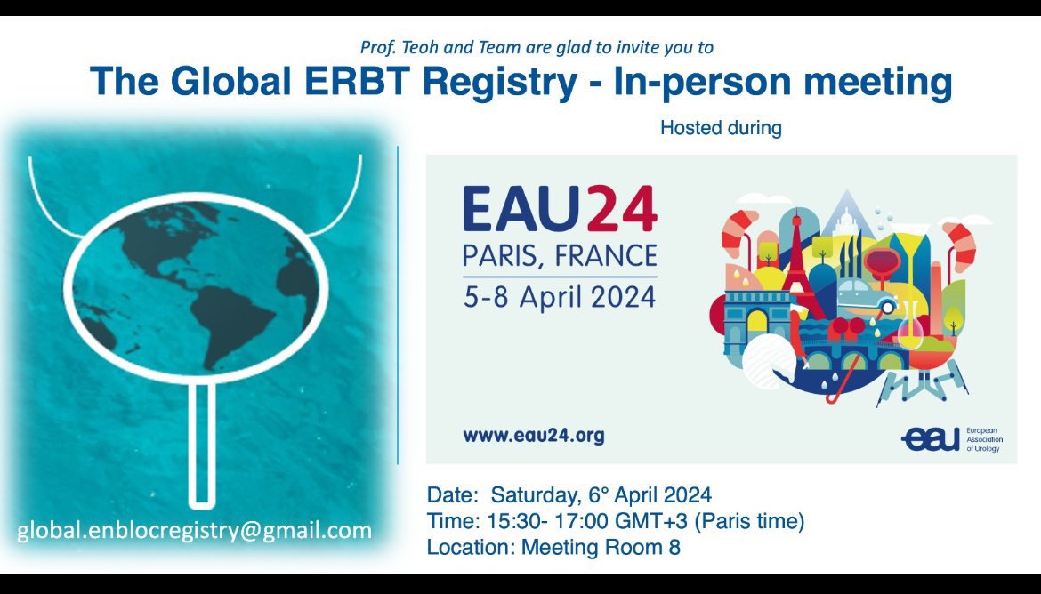 The Global En Bloc Resection of Bladder Tumour Registry meeting will be held at 3:30pm on 6th April, Meeting Room 8. Please come if you are interested to join the study! #EAU24 #ERBT