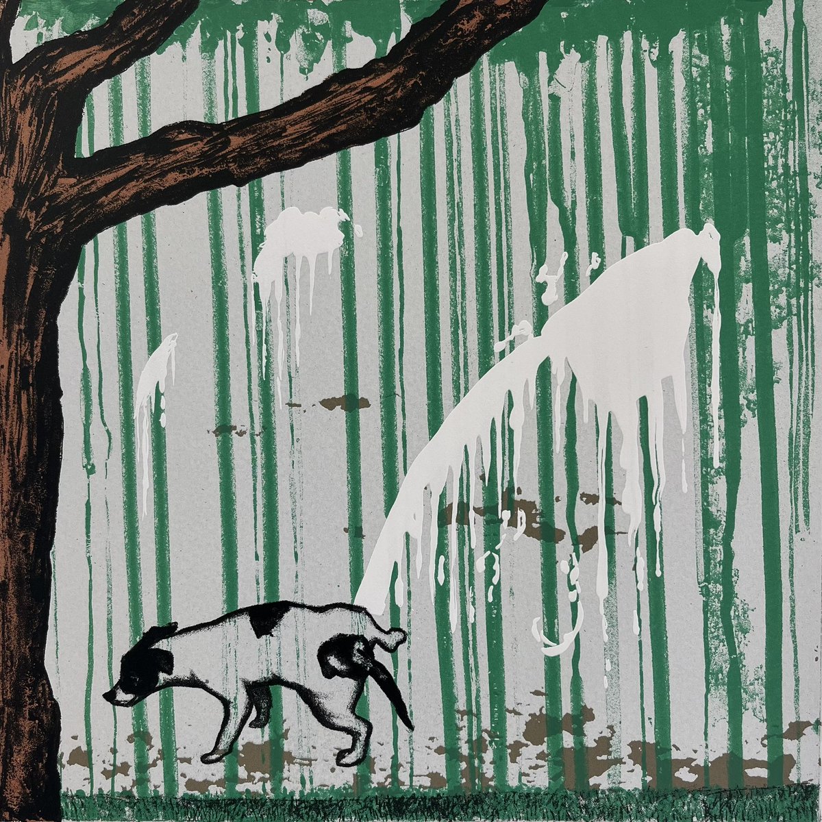 Banksy’s dog - Tree Mural, screenprint This piece occurred to me as a statement against the vandals that Banksy might have come back and covertly made himself. Premiering at @EamesFineArt studio this weekend. @theprintblock #bansysdog #banksy #treemural #banksytreemural