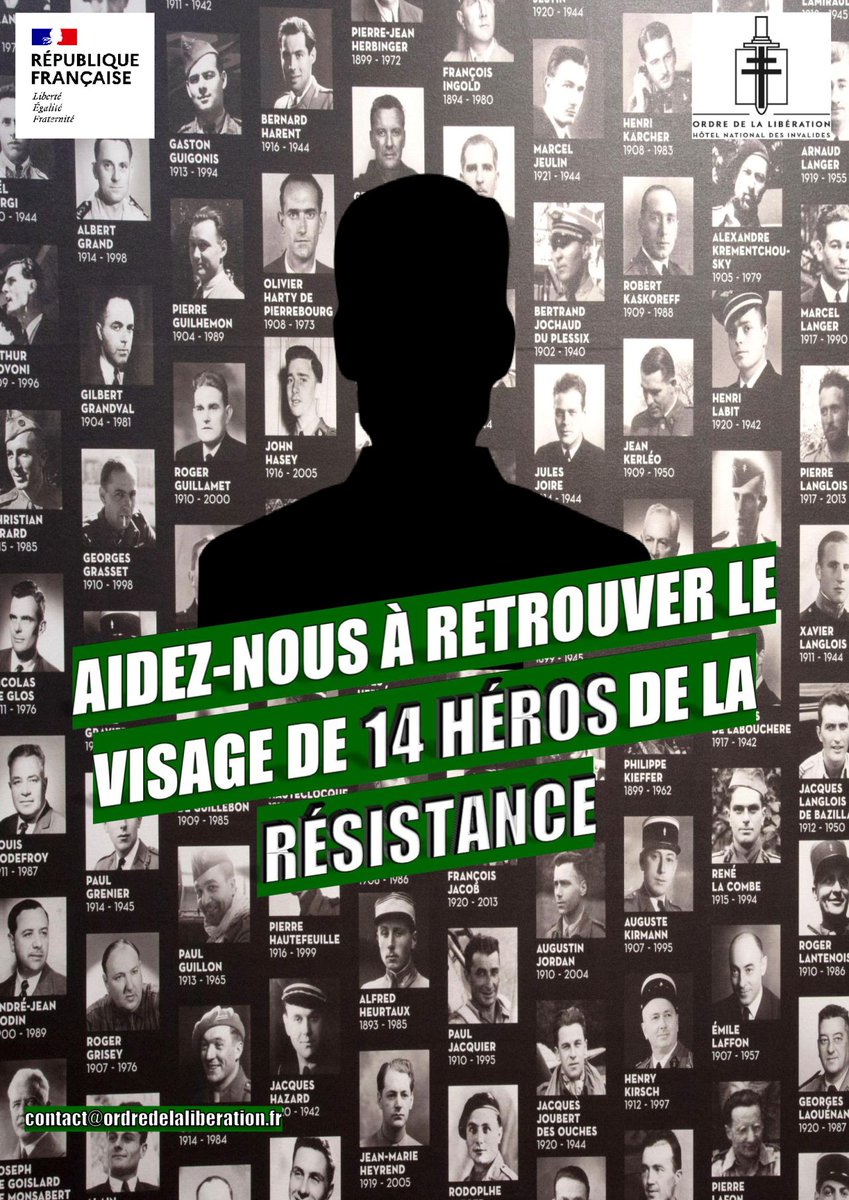 O2LaLiberation's tweet photo. En ce 80ème anniversaire de la libération du territoire, aidez-nous à retrouver les portraits des 14 Compagnons de la Libération (https://t.co/Pq4oePKlGu) pour lesquels nous n’avons aucune photo. Relayez le résultat de vos recherches à contact@ordredelaliberation.fr https://t.co/mdbnvnPv9p