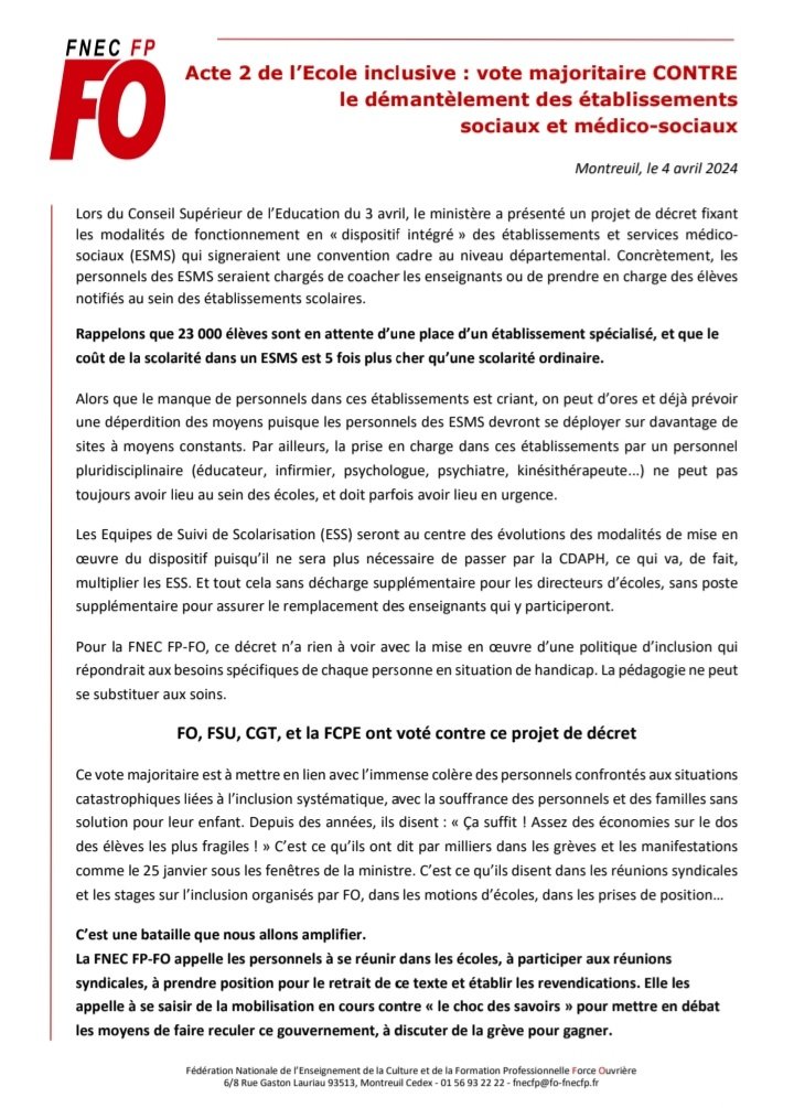 FnecFpFO's tweet photo. Acte 2 de "l'école inclusive" : FO, FSU, CGT et la FCPE votent CONTRE le projet de décret visant à dissoudre les établissements sociaux et médico-sociaux dans des "dispositifs intégrés" (CSE du 3 avril). https://t.co/Qxsf9YQtbX