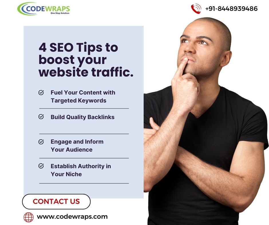 4 SEO Tips to boost your website traffic.
#websitetraffic #algorithm #seotipsforbeginners #seotips #tipsforwebsitetraffic #buildbacklinks #qualitybacklinks

𝗚𝗘𝗧 𝗜𝗡 𝗧𝗢𝗨𝗖𝗛 𝗪𝗜𝗧𝗛 𝗨𝗦:-

✉️ info@codewraps.com
📞 +91-8448939486
💻 codewraps.com