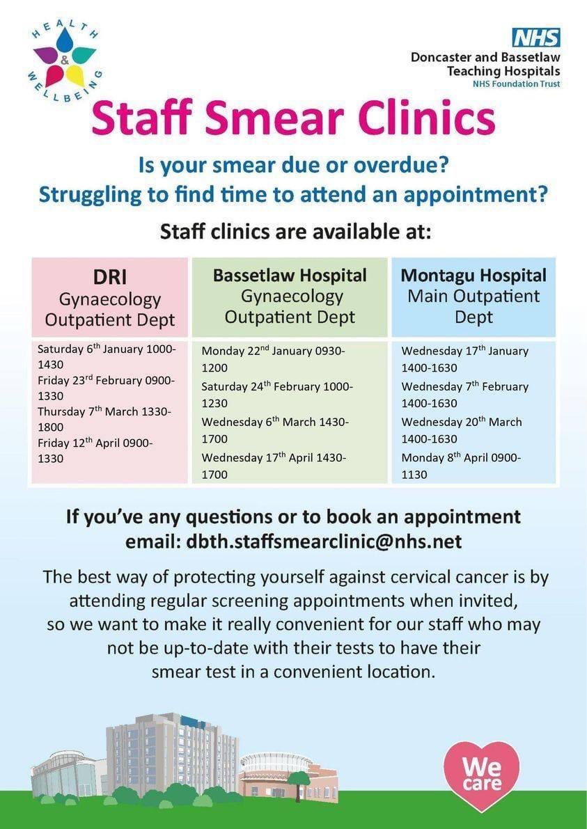 Staff smear clinics If you’re dead or overdue your smear email the team to make an appt at DRI, Montagu or Bassetlaw 👇