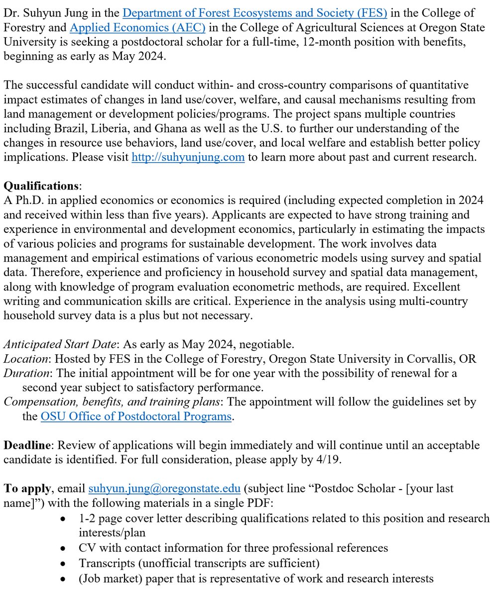 Suhyun Jung (@consdevjung) on Twitter photo Please RT: postdoc opening on economics of conservation and development <a href="/OregonState/">Oregon State University</a> <a href="/COFOregonState/">Forestry - OSU</a> with great research environment and people to work with. details: gradschool.oregonstate.edu/postdocs/open-…
#EconTwitter Please RT: postdoc opening on economics of conservation and development <a href="/OregonState/">Oregon State University</a> <a href="/COFOregonState/">Forestry - OSU</a> with great research environment and people to work with. details: gradschool.oregonstate.edu/postdocs/open-…
#EconTwitter