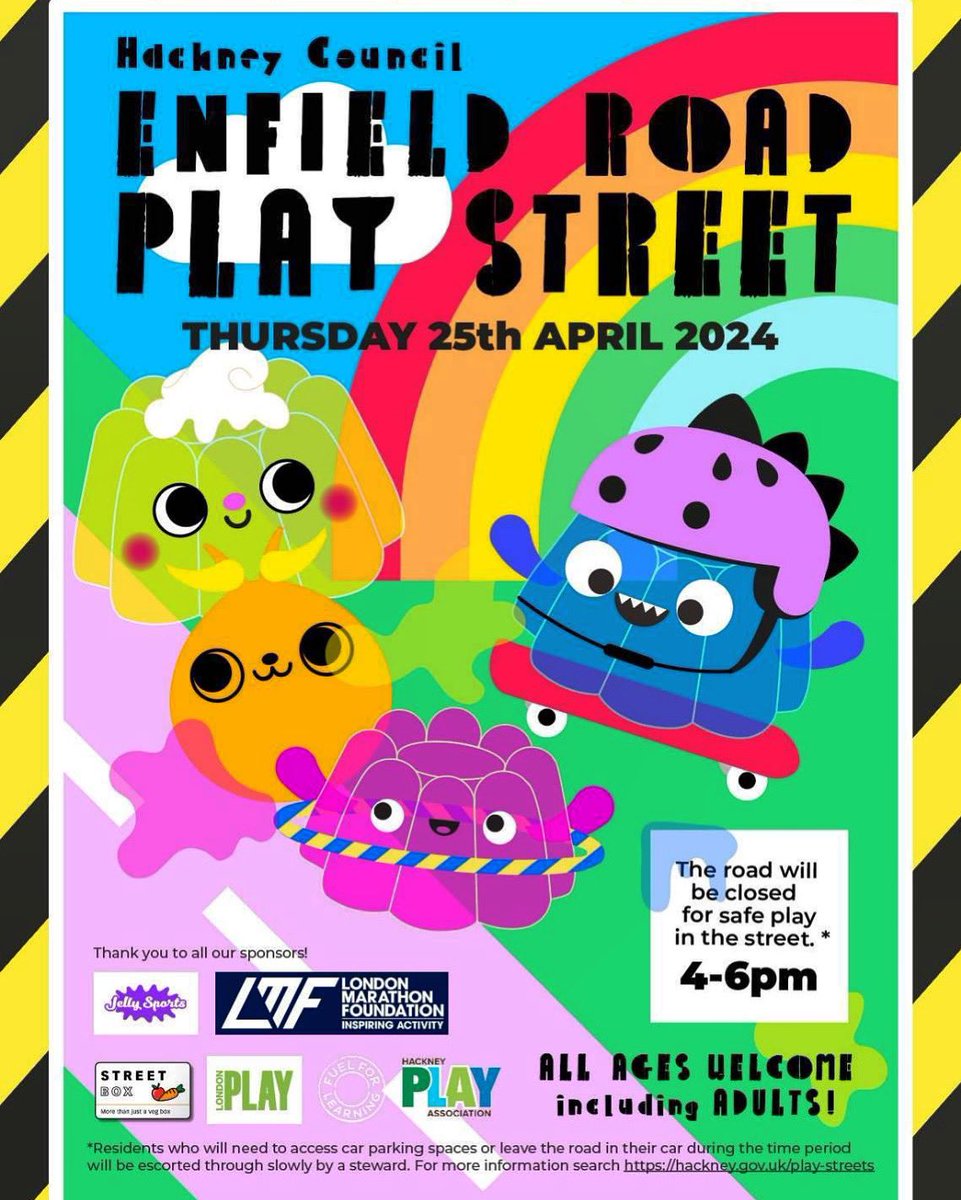 #HackneyPlayStreet 👀 JellySports activities & equipment organised by @london_play, @hackneyplay will be joining to promote free play and @London_Cycling will be coming along too to see how #londonlovescycling! Catch up with others, enjoy a snack, and play play play! 🚲 🛴🏀 🛼🥭