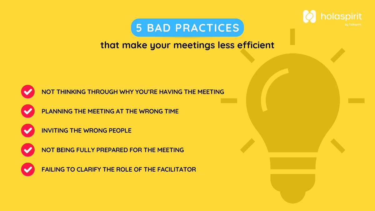 Say goodbye to unproductive meetings! @Talkspirit share the secrets to successful facilitation & participant engagement in a meeting! 10 bad practices to avoid + 10 best practices: urlz.fr/q4Vv Say hello to efficient meetings!