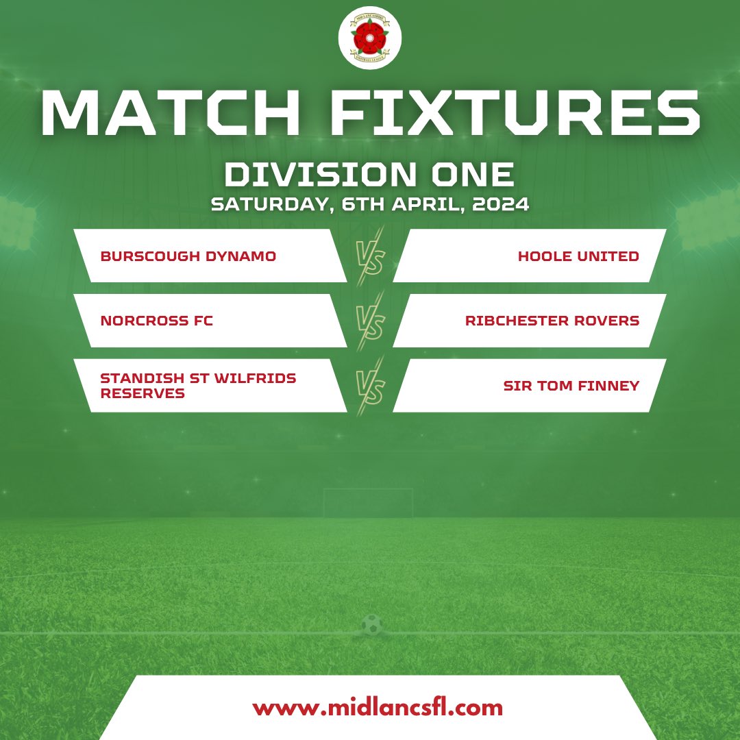 Mid Lancs Football League (@mid_lancs) on Twitter photo DIVISION ONE
@NorcyFC returns after 4 weeks, are they ready to face <a href="/ribchesterfc/">Ribchester Rovers FC</a>?<a href="/wilfs_fc/">Standish St Wilfs FC 🦉</a> Res vs. <a href="/finney_sirfc/">Sir Tom Finney FC</a>, both rebounding from losses. Who'll seize the victory? ⚽️ #MidLancsFL #RespectTheRef #NoRefNoGame DIVISION ONE
@NorcyFC returns after 4 weeks, are they ready to face <a href="/ribchesterfc/">Ribchester Rovers FC</a>?<a href="/wilfs_fc/">Standish St Wilfs FC 🦉</a> Res vs. <a href="/finney_sirfc/">Sir Tom Finney FC</a>, both rebounding from losses. Who'll seize the victory? ⚽️ #MidLancsFL #RespectTheRef #NoRefNoGame