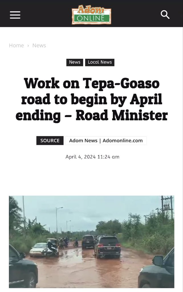 🚧 ROADS UPDATE 📌
📍Tepa - Goaso (Ahafo Region)

The Minister for Roads and Highways, Francis Asenso Boakye, has announced that construction work on the Tepa-Hwidiem road in the Ahafo Region will commence by the end of April to address the challenges faced by Commuters.

#Roads