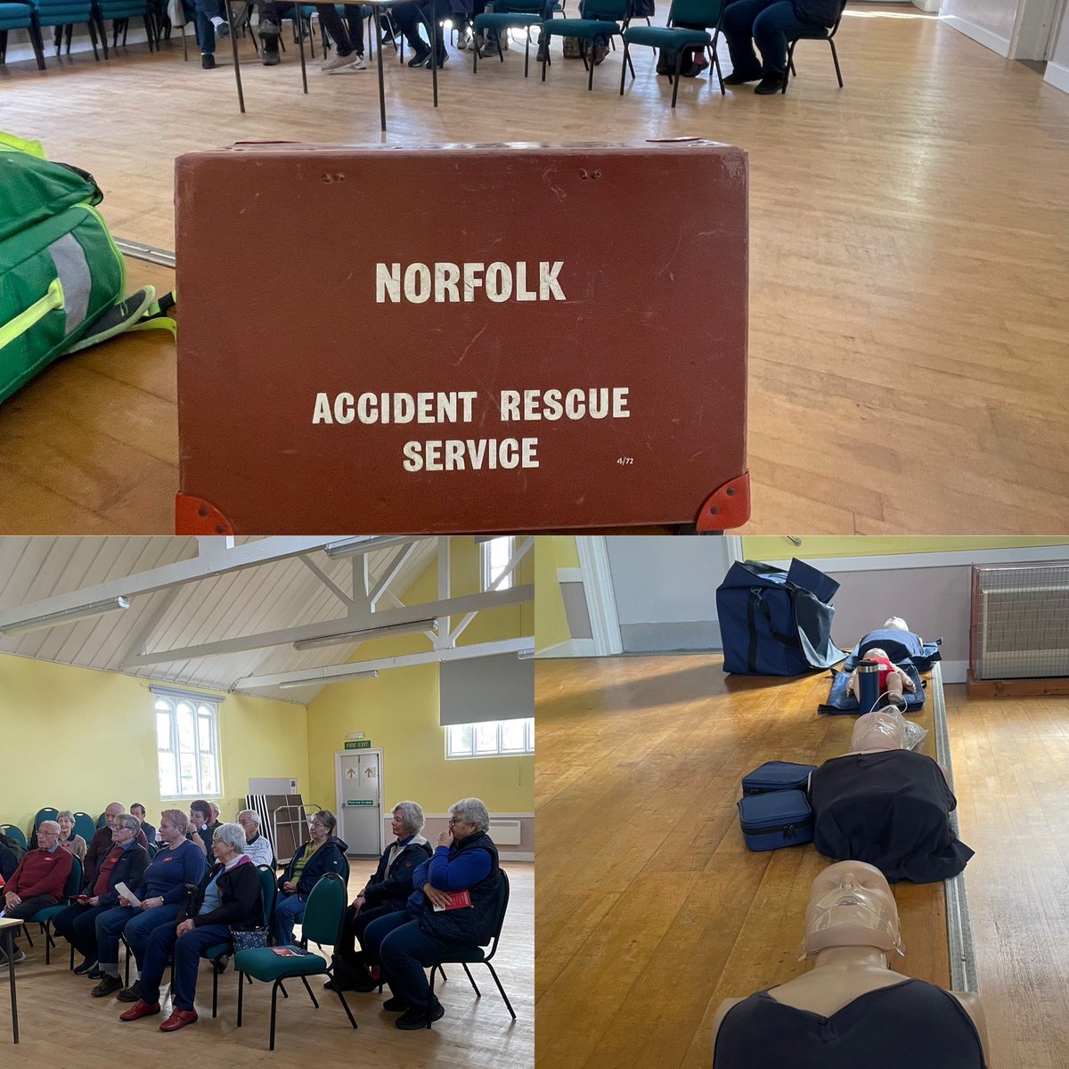 This morning we are in Wymondham with a local group talking through how to perform CPR and how to use their publicly accessible AED on the side of Fairland Church on Fairland Hill. We’ve brought one of our first ever NARS Kits from 1970!