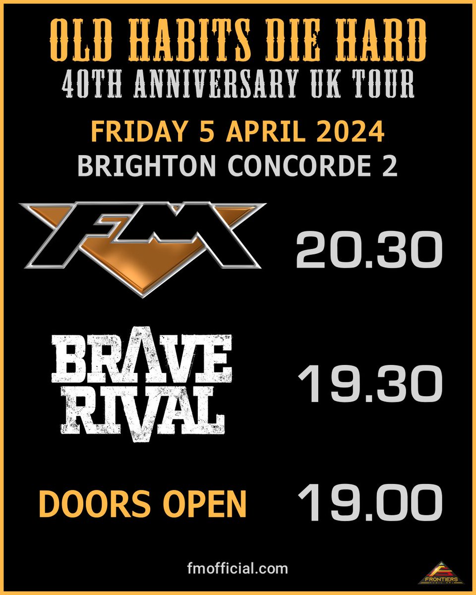 Happy Friday all! Who's up for a bit of seaside rock? Here's your stage times for tonight at Brighton @concorde_2 Doors open : 19.00h @BraveRivalBand : 19.30h FM : 20.30h #FMlive #oldhabitsdiehard #40thAnniversaryTour #brighton #concorde #uktour #classicrock #gigcartel