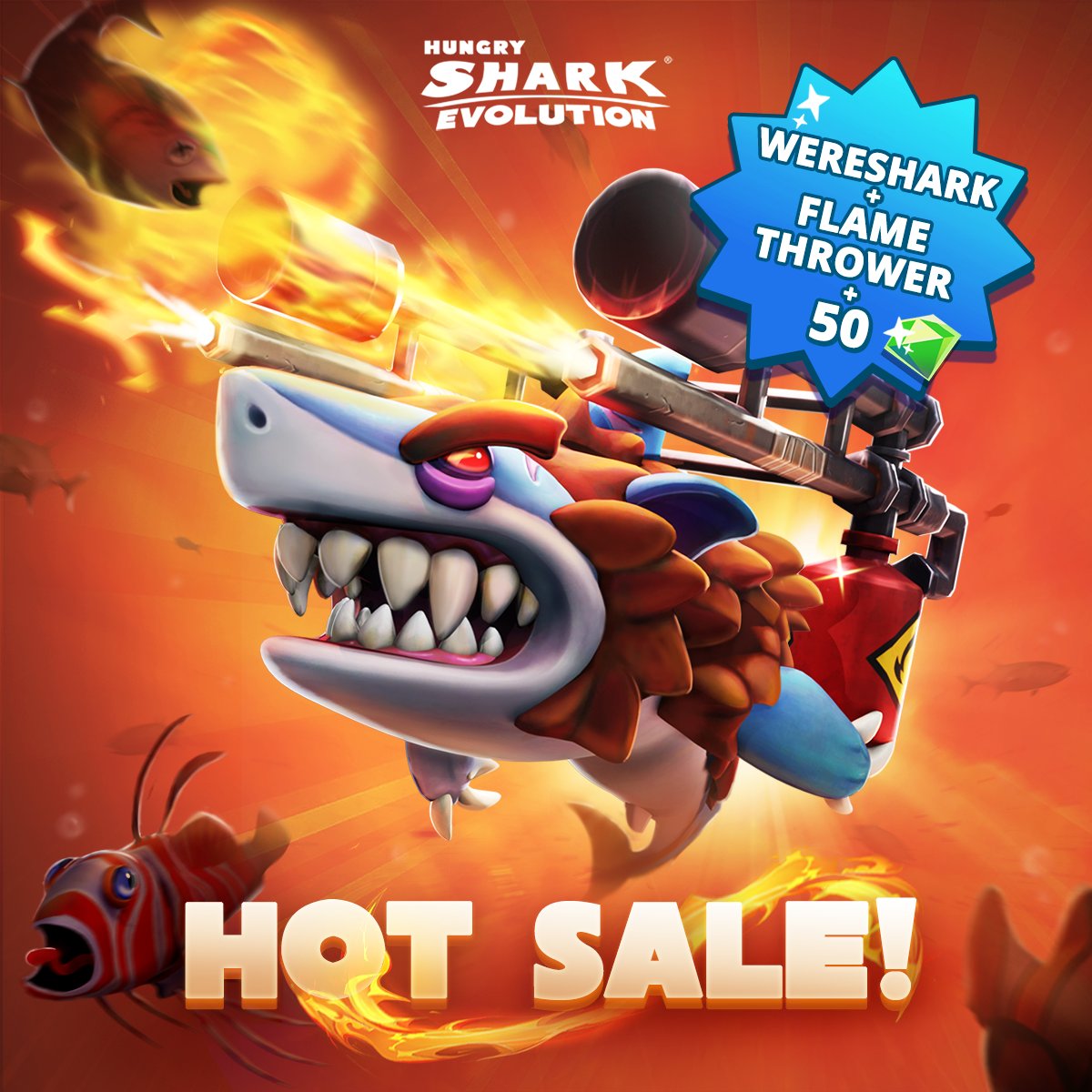 Get ready for this hot sale in #HungrySharkEvolution! 🦈 Grab your WereShark and the Flamethrower and turn up the heat! 🔥 Catch it before it’s gone! 💙 #HSE