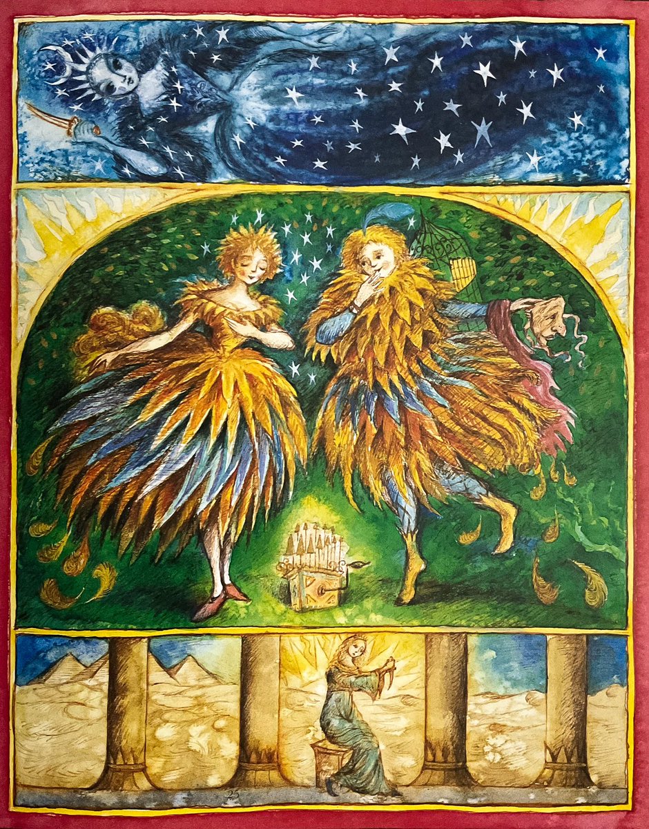 #BookIllustrationOfTheDay #60for60 is from “Stories From the Opera” (retold Sharukh Husain, 1999). Here’s Mozart’s “The Magic Flute”, with the Queen of Night; Papageno & Papageno, and Pamina at the base. Loved this book - full of theatrical characters ! Watercolour & line.