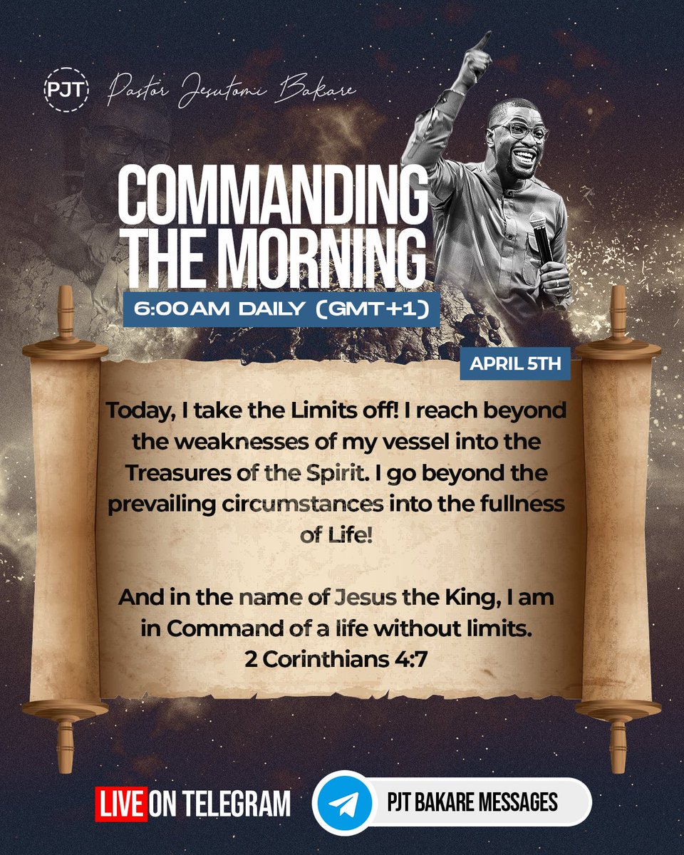 hokmetro's tweet photo. Welcome to a life without limitations!
Tap on link below to join us every morning by 6:00am GMT+1
https://t.co/buvKmgfXbR
#iamincommand
#commandingyourmorningprayers
#morningprayers
#halfhourprayer
#pjtbakare
#Apr5th https://t.co/5nUmPSpC0h