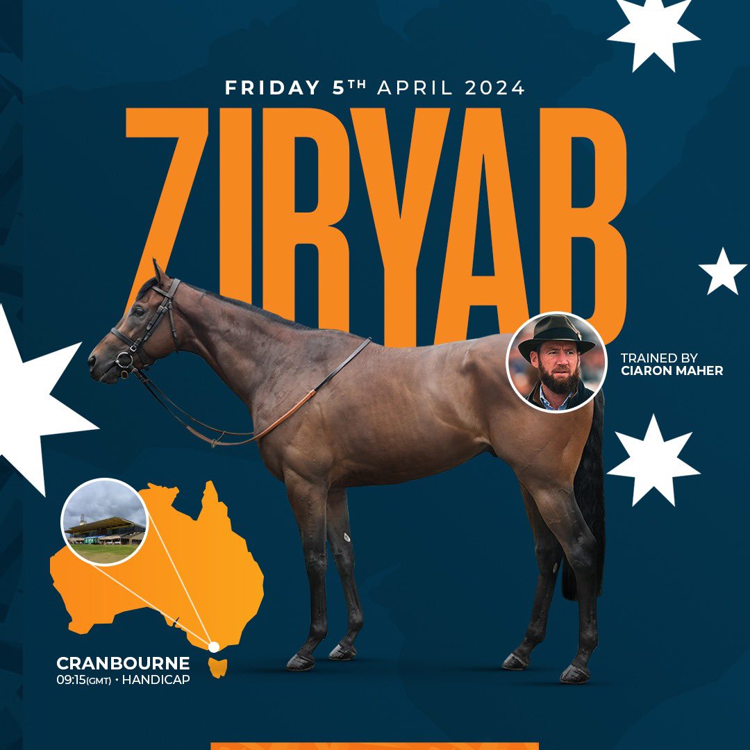 Ziryab makes his first start for us today at Cranbourne in their 1600 metre Handicap at 7:15pm (9:15am BST) under jockey John Allen for Trainer Ciaron Maher 🇦🇺

#GlobalThoroughbreds #TakingRacingDownUnder #Horseracing