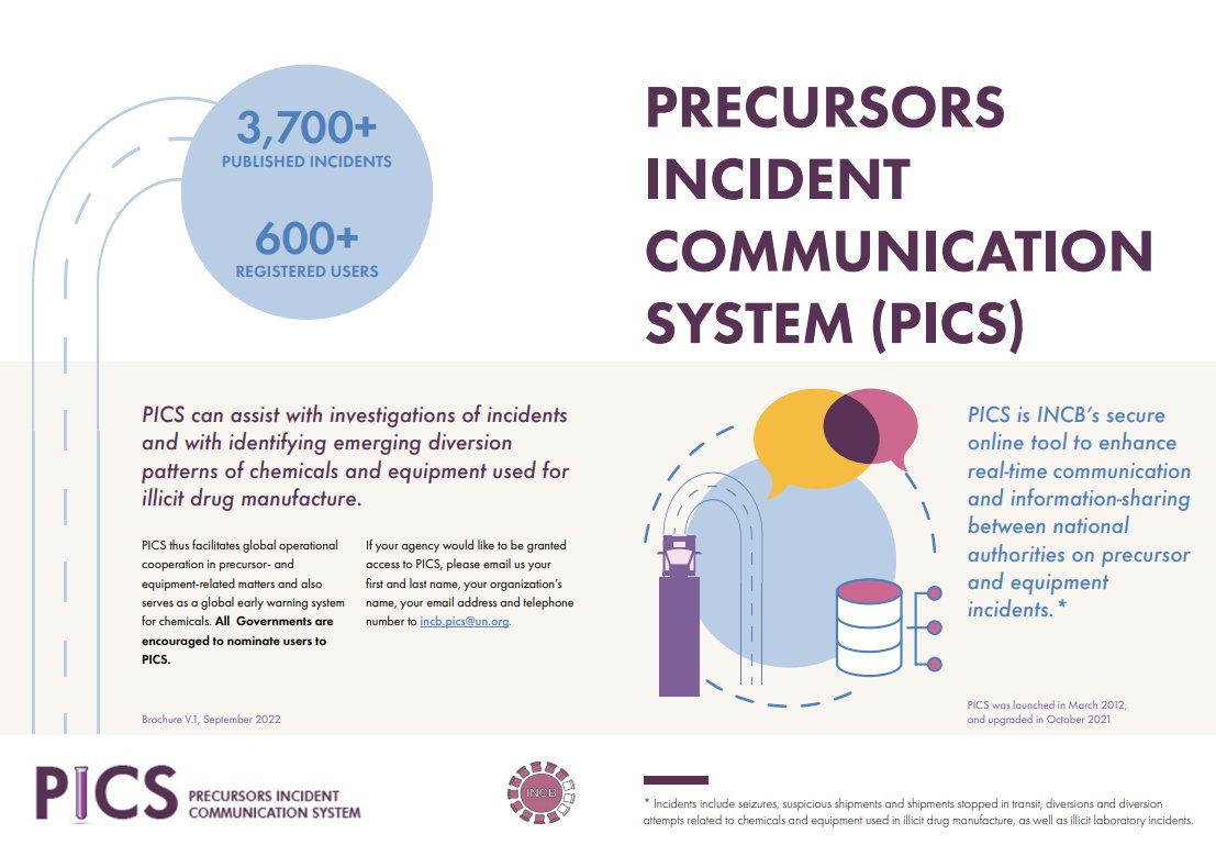 🆕 to the @UN Toolkit on Synthetic Drugs 👉 Updated brochure from #INCB's Precursors Incident Communications System #PICS, which can assist investigations of incidents + identification of emerging diversion patterns related to #syntheticdrug manufacture: syntheticdrugs.unodc.org/syntheticdrugs…