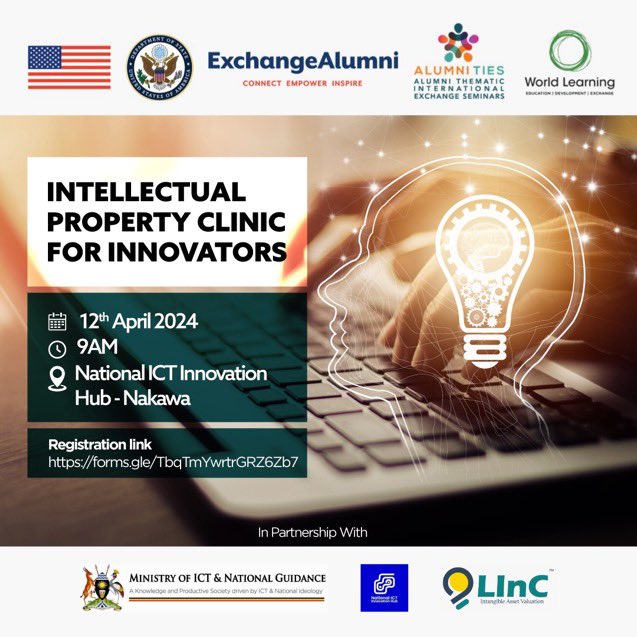 INTELLECTUAL PROPERTY CLINIC FOR INNOVATORS: DATE : 12th April 2024 📍@InnovationHubUg TIME: 9am Note! Register now forms.gle/TbqTmYwrtrGRZ6… to attend & utilize the free consultation services and resources to grow vigorously in the IP landscape. #GrowWithIP #ExchangeAlumni