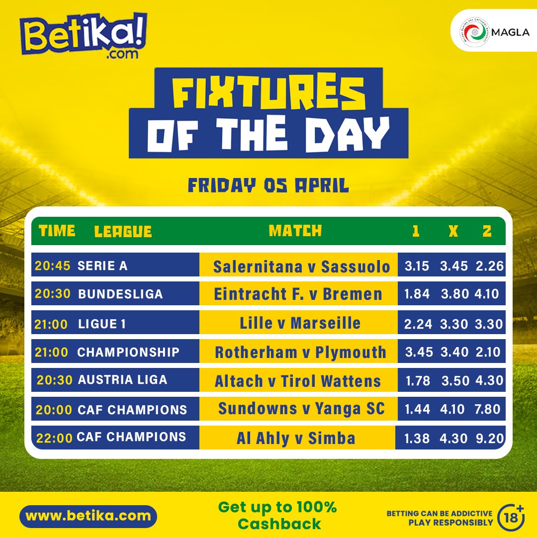 Friday Fixtures!

It’s Weekend and Betika has Boosted Odds and Big winnings. 

Bet now: betika.com/en-mw 

#BetikaMalawi #Betika