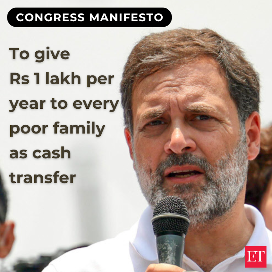 EconomicTimes's tweet image. #Congress Party #manifesto: Congress resolves to launch a #MahalakshmiScheme to provide Rs 1 lakh per year to every poor Indian family as an unconditional #CashTransfer. The poor will be identified among the families in the bottom of the income pyramid.
🗳️ #LokSabhaPolls2024 News…