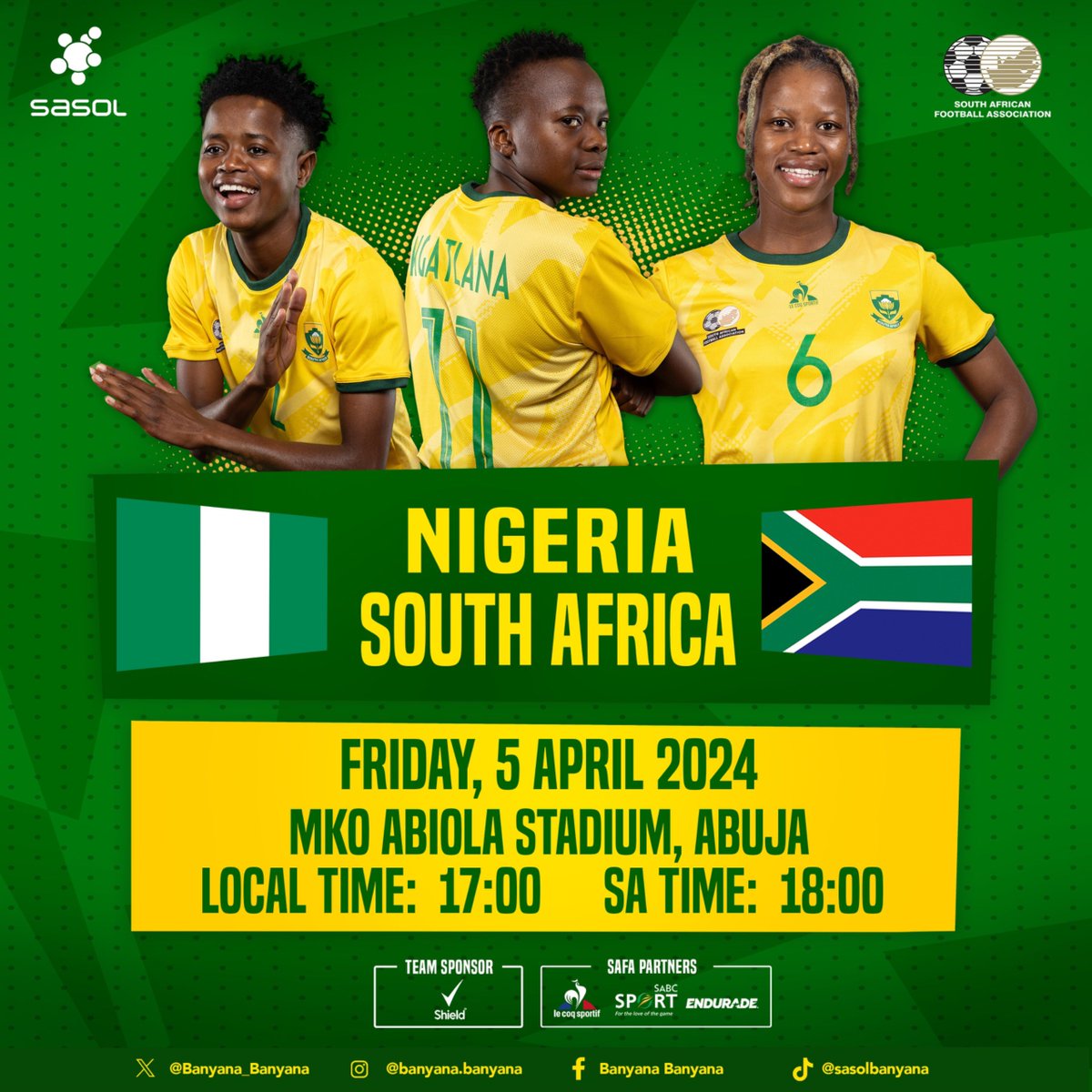 Ladies and gentlemen it’s MATCHDAY 🚨 First leg of our CAF Women’s Olympic Qualifier. ⚽️Nigeria 🇳🇬 🆚 South Africa 🇿🇦 🗓️TODAY,05 April 2024 🏟️MKO Abiola Stadium ⏰18:00 (CAT) 📱SABC+ 🌐sabcsport.com #LiveTheImpossible #NotDoneYet