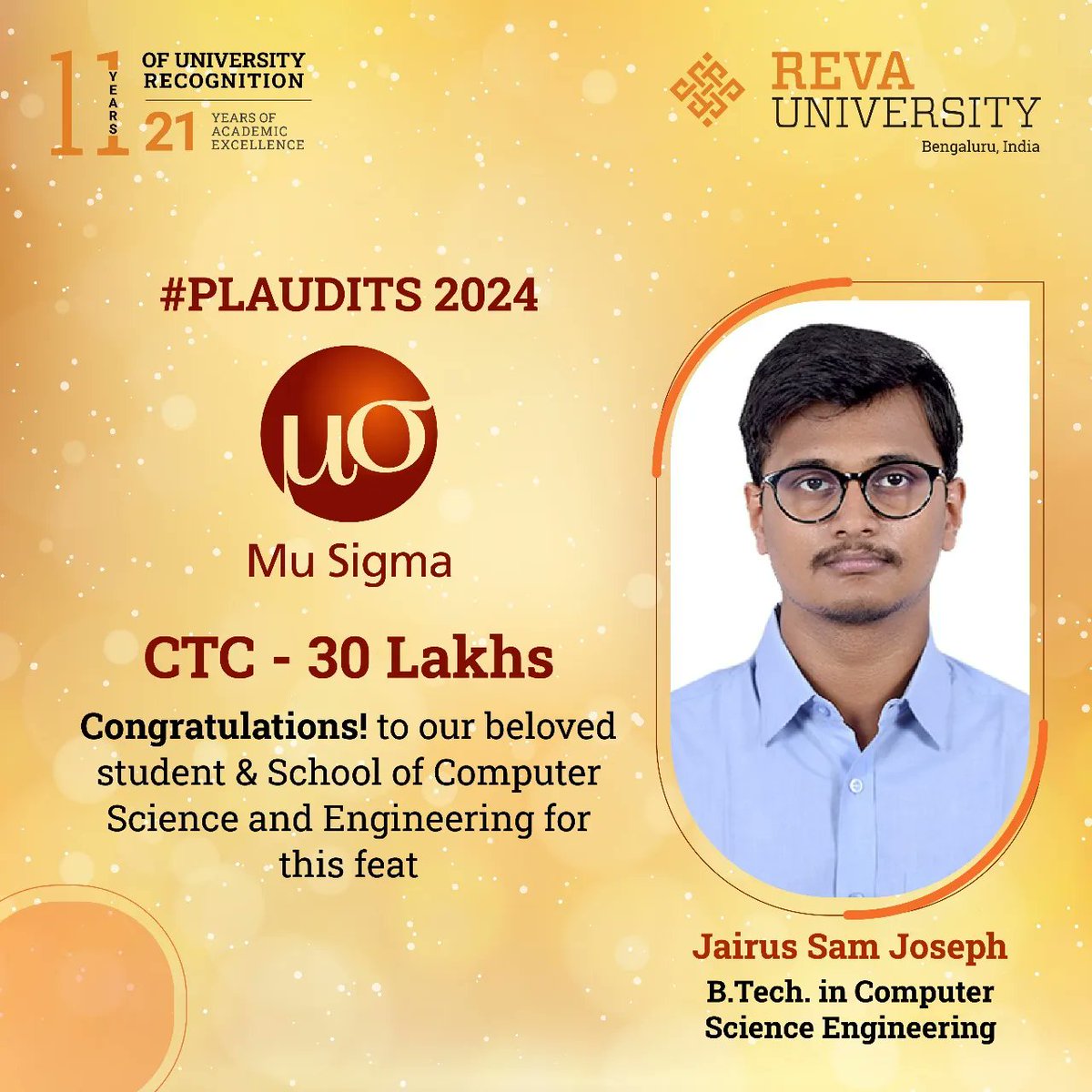 REVAUniversity's tweet photo. Landing Dream Careers! Our students are soaring high with placements at Mu Sigma Company, with a stellar CTC of 30 Lakhs! Massive congratulations to the talented individuals from our School of CSE and School of Mechanical Engineering, School of C&IT, and School of ECE.
#Plaudits https://t.co/XiBlMlnHK6