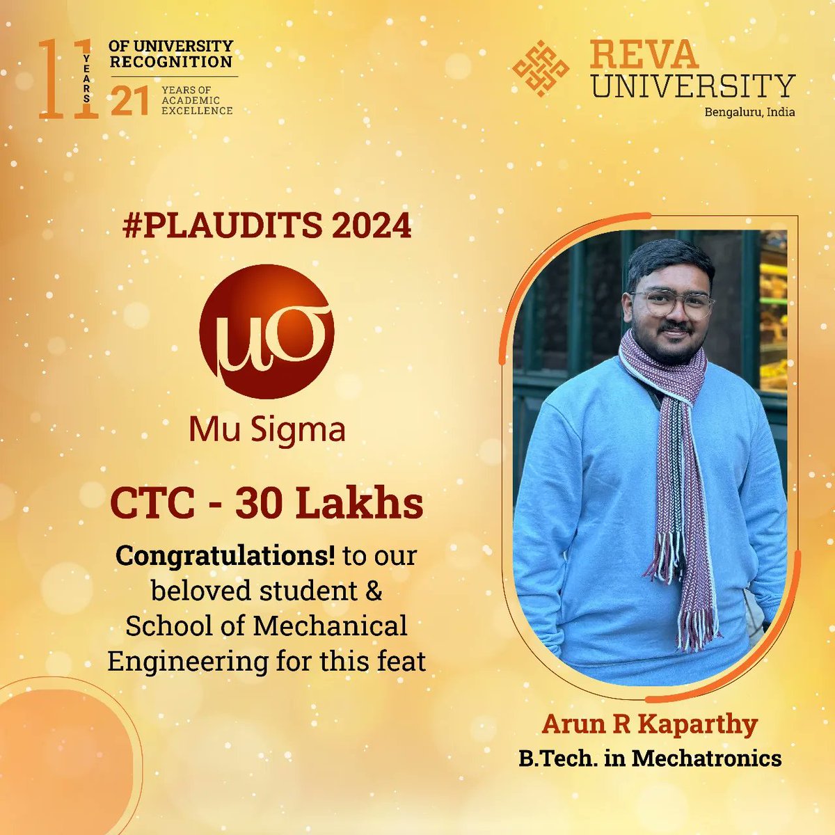 REVAUniversity's tweet photo. Landing Dream Careers! Our students are soaring high with placements at Mu Sigma Company, with a stellar CTC of 30 Lakhs! Massive congratulations to the talented individuals from our School of CSE and School of Mechanical Engineering, School of C&IT, and School of ECE.
#Plaudits https://t.co/XiBlMlnHK6