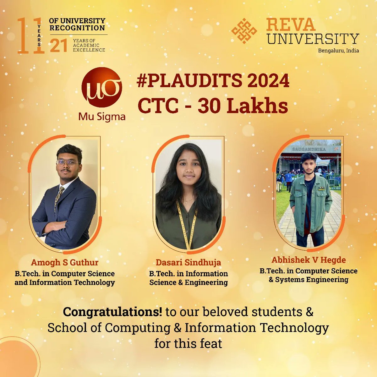 REVAUniversity's tweet photo. Landing Dream Careers! Our students are soaring high with placements at Mu Sigma Company, with a stellar CTC of 30 Lakhs! Massive congratulations to the talented individuals from our School of CSE and School of Mechanical Engineering, School of C&IT, and School of ECE.
#Plaudits https://t.co/XiBlMlnHK6