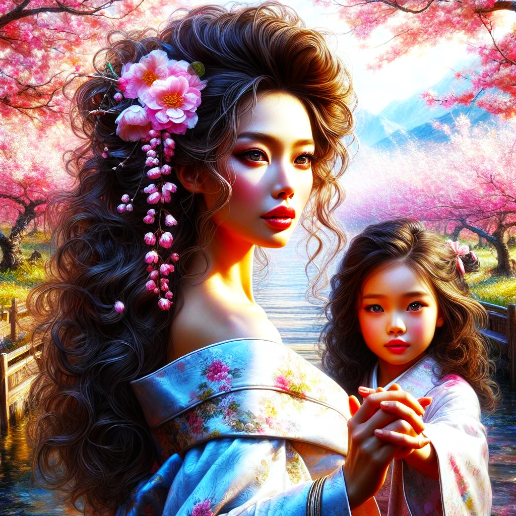 The essence of happiness is a mother and her daughter, enveloped in the beauty of spring. #Digital Art #HappinessInColors #ArtInspiration #HappyMoments #ArtisticExpression #DigitalArtistry #SoulfulExpressions #JapaneseCulture #Digital Painting #JapaneseBeauty #aiartwork #aiart