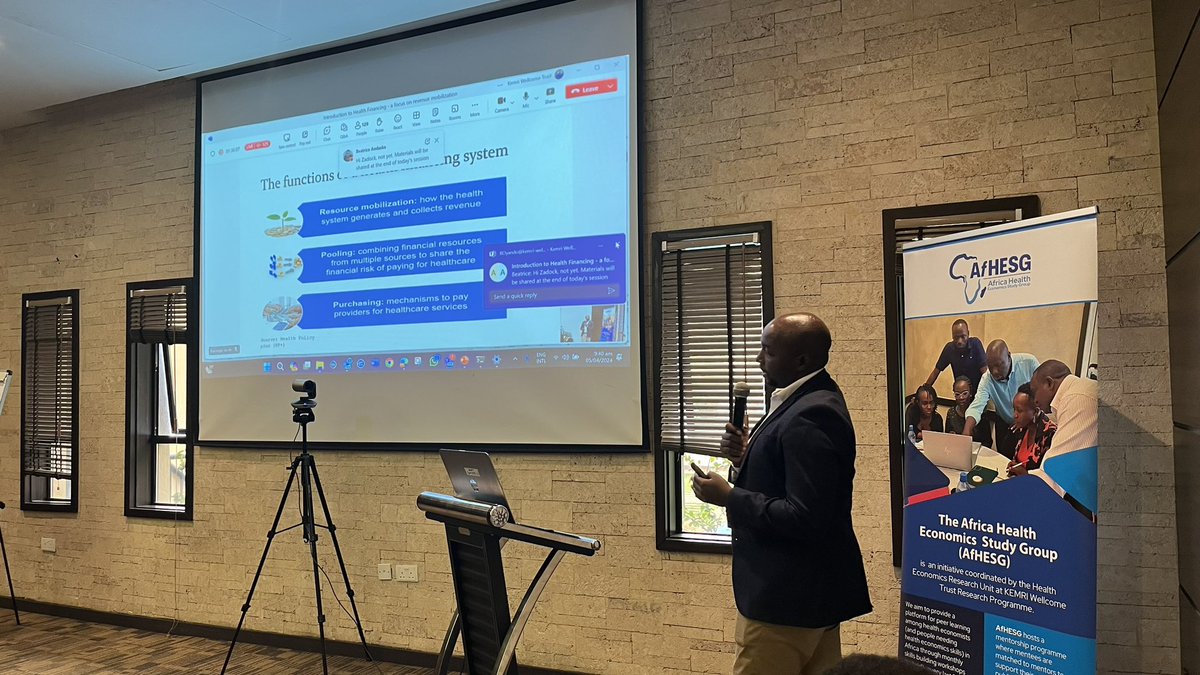 #AfHESG session on HEALTH FINANCING has started. 

<a href="/tamakioko/">Eric Tama</a> starting us off with an introduction and overview of today’s topic. 

<a href="/HERU_KEMRI_WT/">HERU|KEMRI-WT</a>