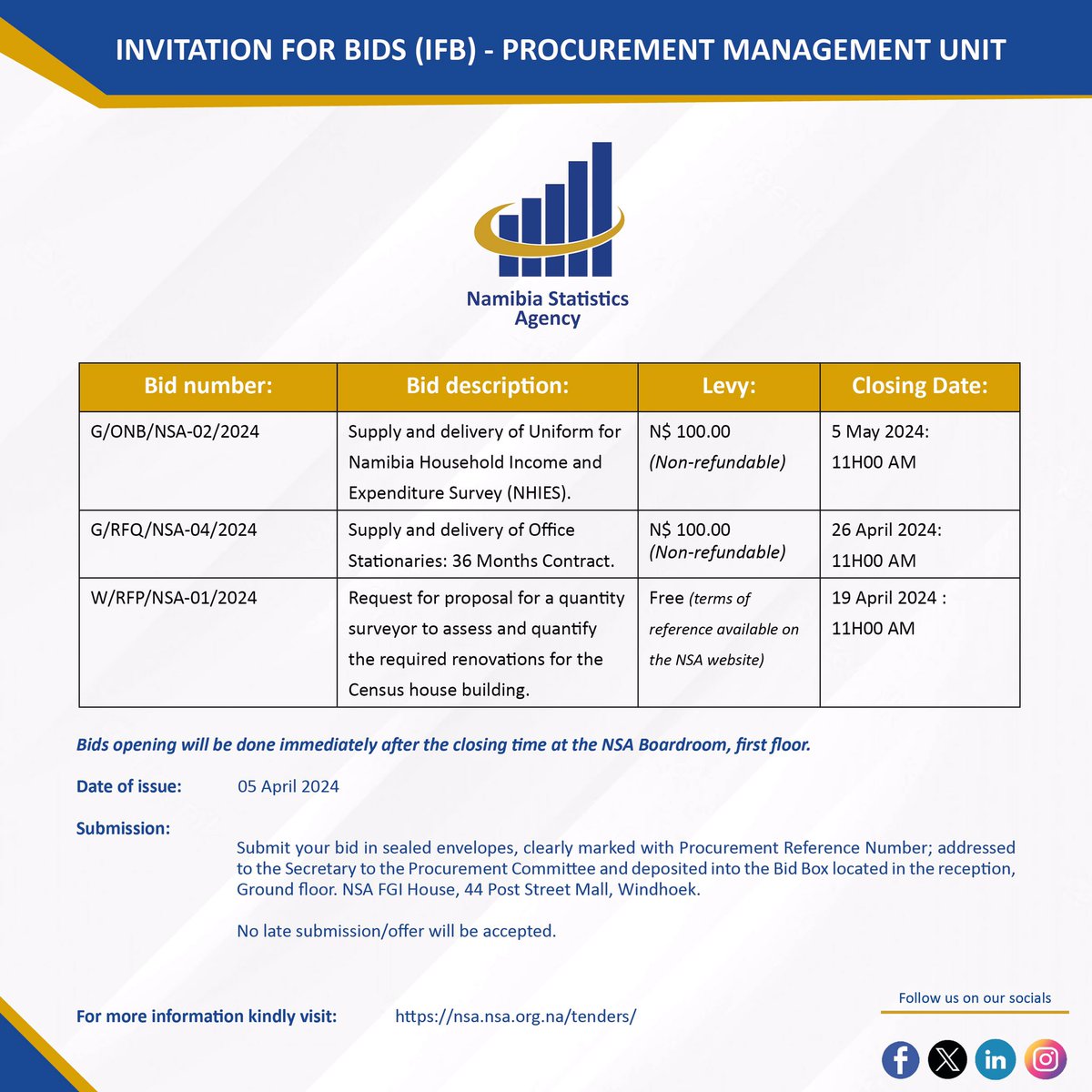 namstatsagency's tweet photo. 📌 INVITATION FOR BIDS:

#invitationforbids
#supplyanddelivery https://t.co/g9XDEL3gDX