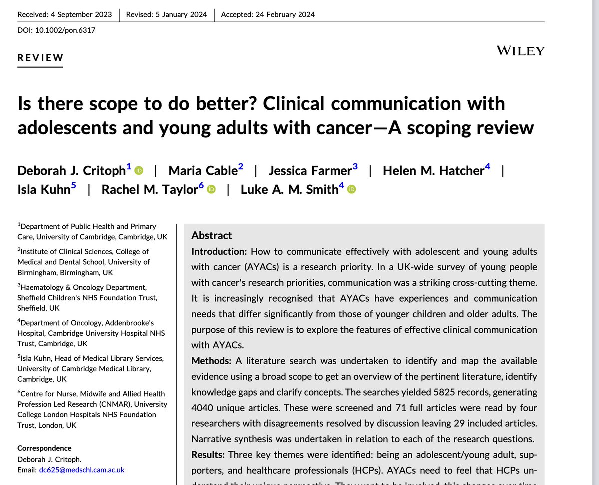 ***New Publication*** dx.doi.org/10.1002/pon.63…
We share a conceptual model to represent the complexities of communication with AYAC. 
Triadic communication is central.
HCP must proactively empower young people's involvement.  
Assess communication preferences.
Offer time alone.