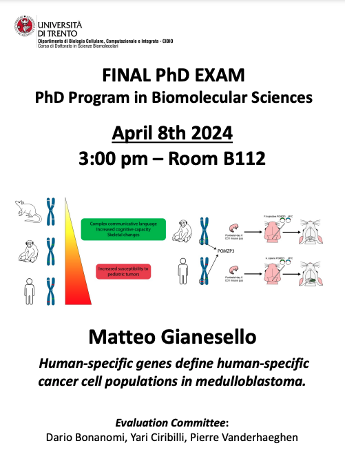 🧑🏻‍🔬 Matteo Gianesello -  Armenise-Harvard Laboratory of Brain Disorders and Cancer - will defend his #PhD thesis: "Human-specific genes define human-specific #cancer cell populations in #medulloblastoma"     

📅 April, 8th at 3 pm 
🏦 Room B112
#phdlife