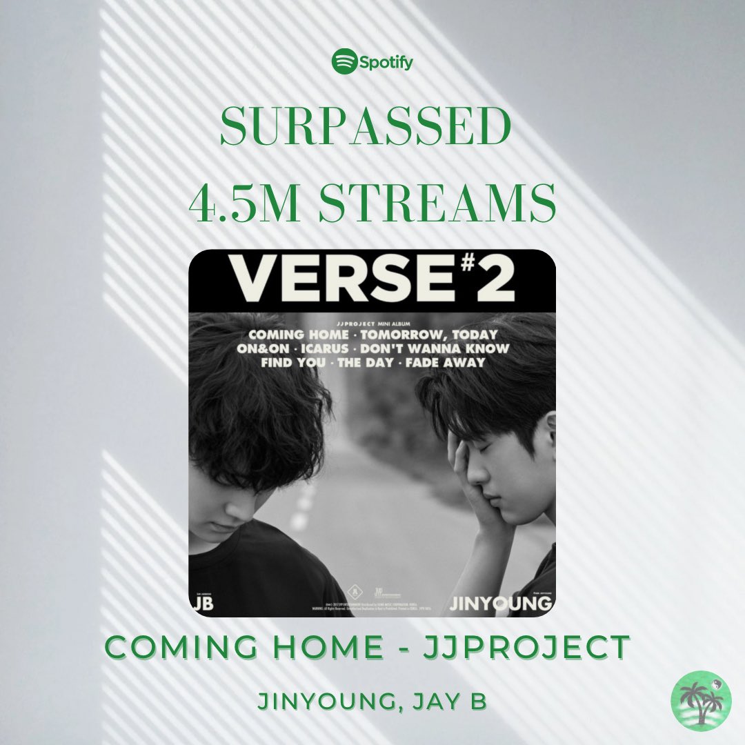 [ #SpotifyJaebeom Update ] 2024.04.05 Coming Home - JJ Project Surpassed 4.5M Streams ✨ 🔜 5M 🔗 open.spotify.com/track/0kpOuaHM… ￣￣ #JAYB #제이비  @jaybnow_hr #Jinyoung @JINYOUNG #JJP #JJProject #GOT7 @GOT7