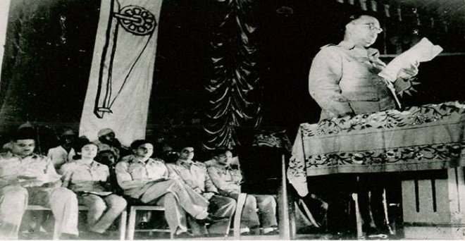 Historical Photo 21 October 1943, Netaji Subhash Chandra Bose is taking oath as first prime minister of India. Repost and send to them who consider Lehru as first PM of India.