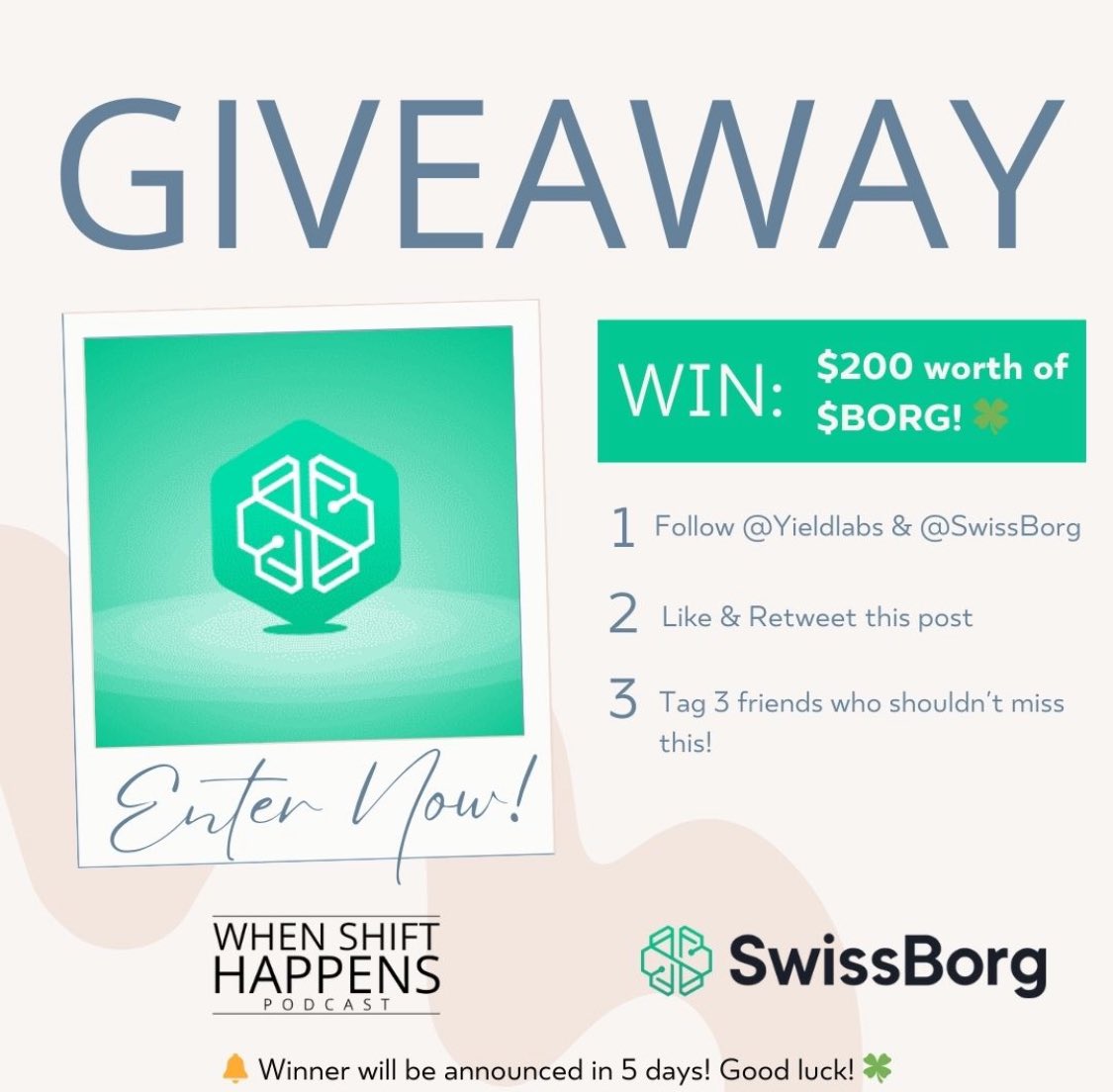 🍀 GIVEAWAY ALERT! 🍀 To celebrate our last Podcast Release with @swissborg , we are giving away 800 $BORG tokens! How to enter: 1️⃣ Follow @KevinWSHPod & @swissborg 2️⃣ Like & RT this tweet 3️⃣ Tag 3 friends who shouldn't miss this! 🔔 Winner announced in 5 days! Good luck! 🍀