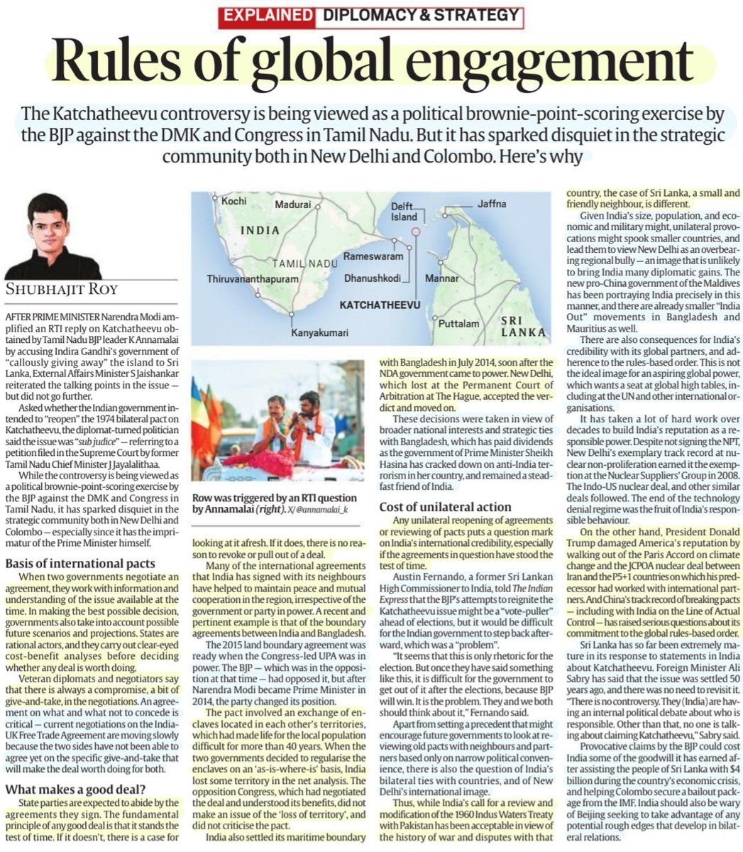 'Rules of Global engagement'

:Well explained by Sh Shubhajit Roy
@ShubhajitRoy

Recent #KatchatheevuIssue ,Basis of #international pacts,various aspects of deals,cost of unilateral actions,impact on India's standing &more info

#India #Srilanka #Bangladesh 
#strategy #Diplomacy