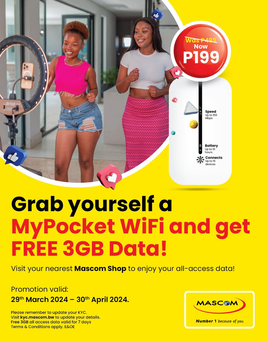 MyPocket WiFi is your best bet for a portable internet device. Get yourself one today and and enjoy FREE 3GB data! Visit your nearest Mascom Shop today to enjoy your all-access data. #Number1BecauseOfYou