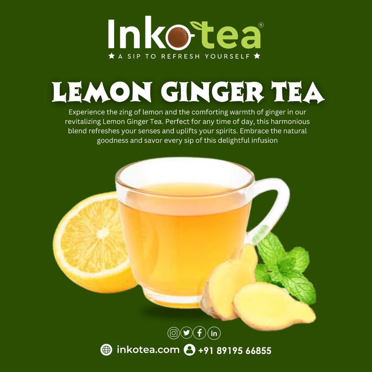 🍵 Welcome to Inkotea! 🍵
Introducing our Lemon Ginger Tea - A Sip to Refresh Yourself! Experience the zing of lemon and the comforting warmth of ginger in our revitalizing Lemon Ginger Tea. 
#Inkotea #Lemongingertea #Gingertea #SavorTheSip #TeaFlavors #TeaExploration #Chai