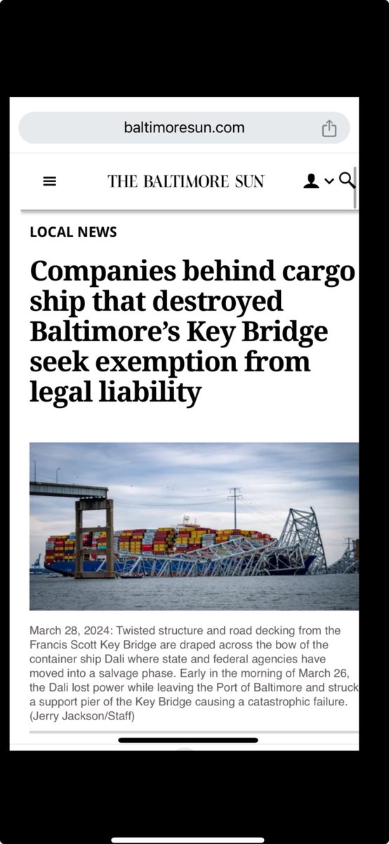 The companies that own and manage the Dali (based in Singapore) have asked a federal judge to absolve them of liability for the cargo ship’s crash last week into Baltimore’s Francis Scott Key Bridge, which immediately collapsed, killing six people. Liability cap $43.6 Million.