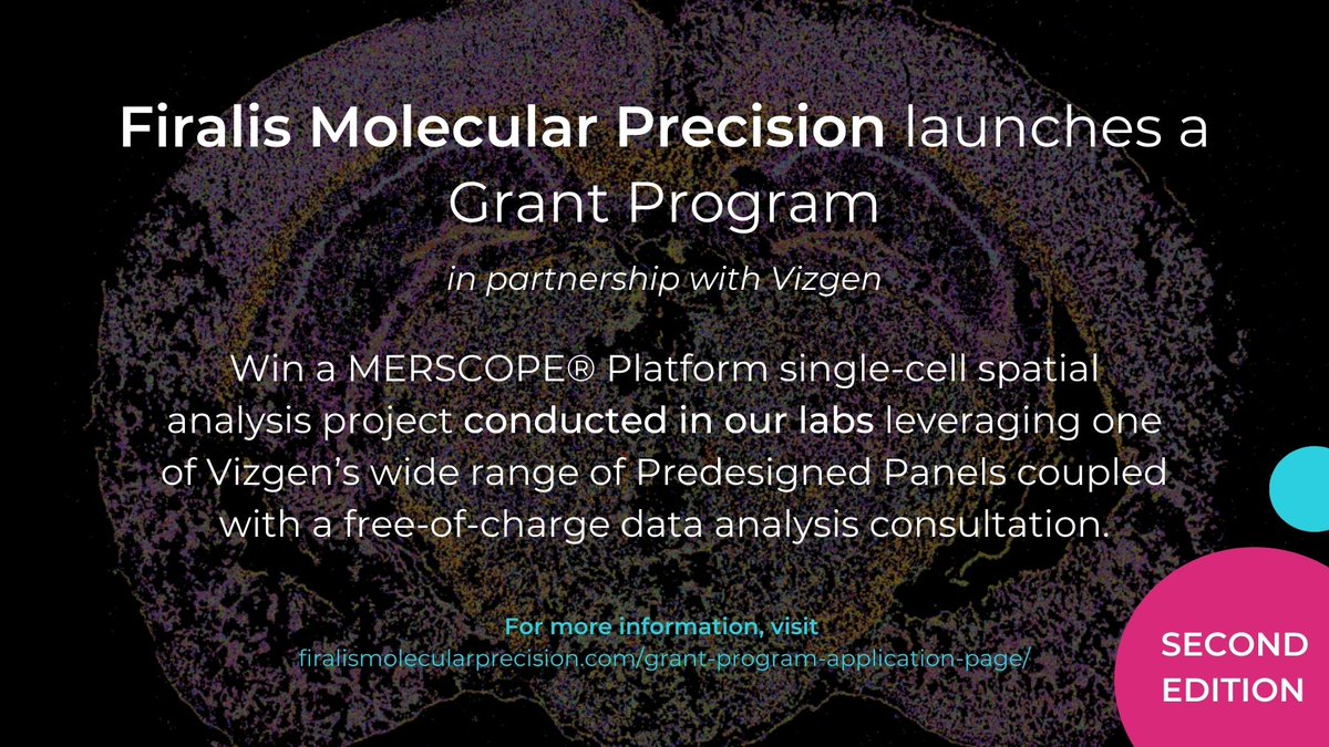 Firalis_MP's tweet photo. 📢This is your chance to make an impact in your research field by winning a MERSCOPE® Platform single-cell spatial analysis project conducted in our labs leveraging one of @vizgen_inc Pre-designed Panels coupled with a data analysis consultation. 
https://t.co/0gdOFa1Xxb https://t.co/7PbTBiD3mt