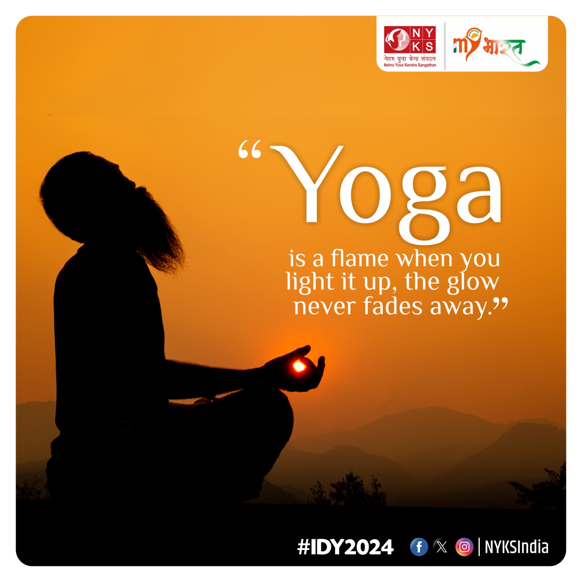 Ignite the flame of yoga and let its glow never fade away. 🧘‍♂️✨ 

#NYKS4Yoga #YogaInspiration #HealthyLife #IDY2024 #NYKS 
@Anurag_Office @ianuragthakur @YASMinistry @NisithPramanik @mdniy @moayush @mybharatgov