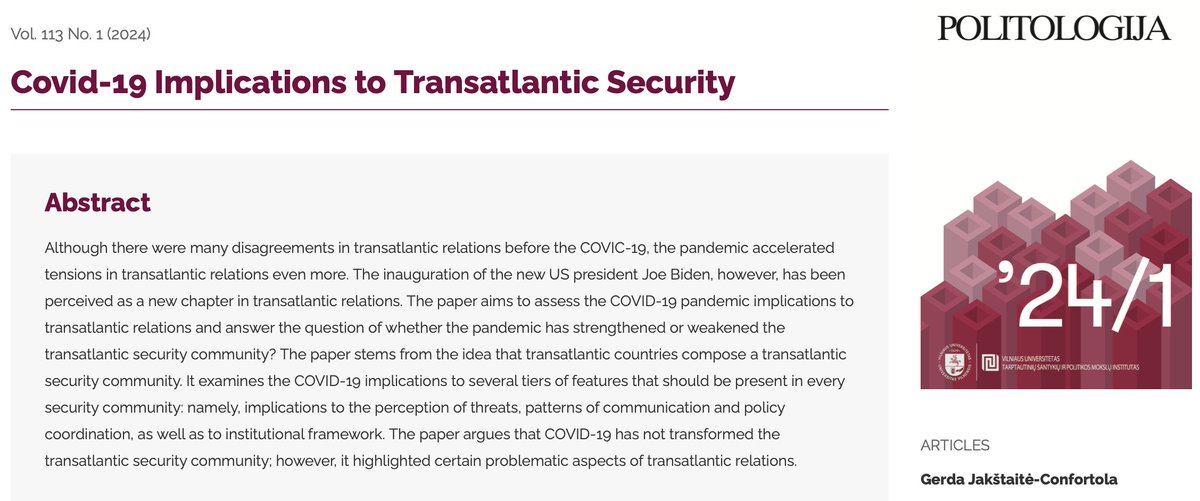 A new article, “Covid-19 Implications to Transatlantic Security” by Gerda Jakštaitė-Confortola has been published! Has the pandemic strengthened or weakened the transatlantic security community? journals.vu.lt/politologija/a…