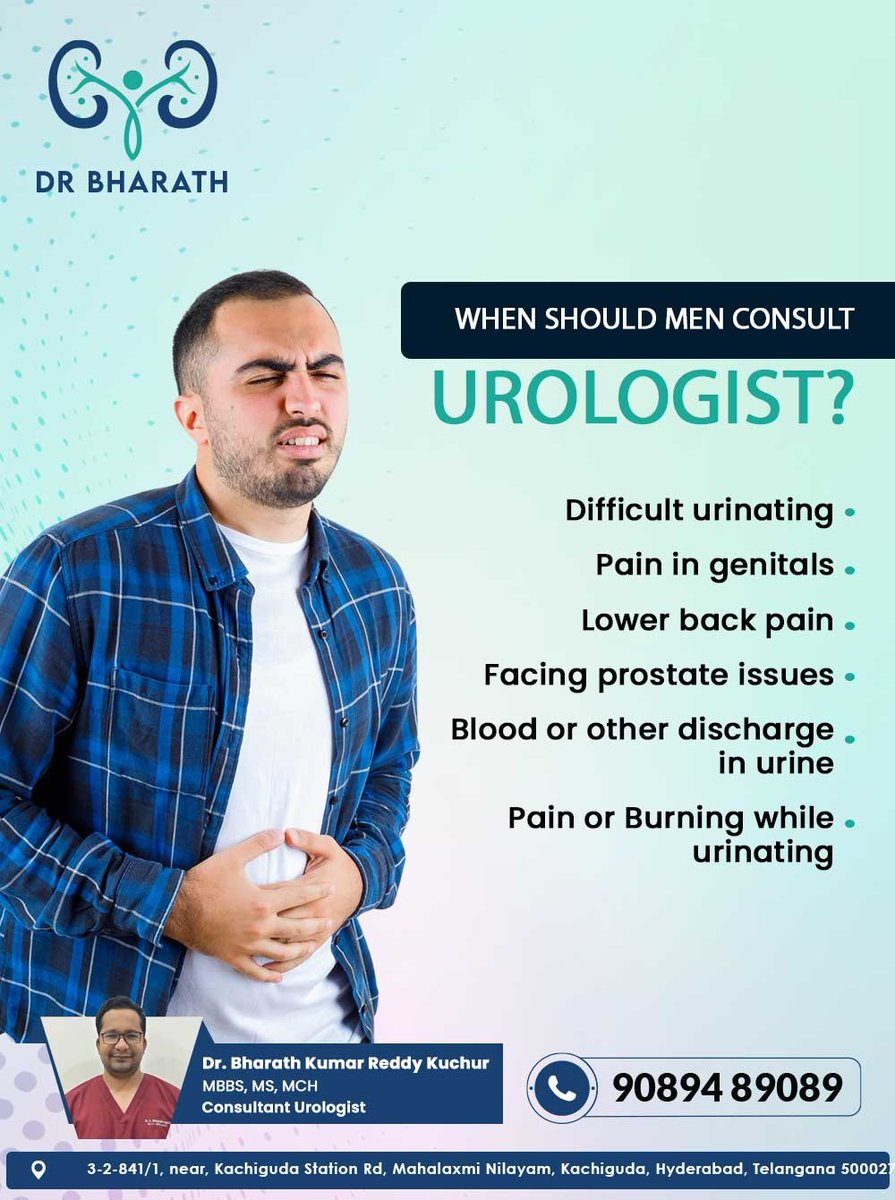 Men should consult our urologist for concerns like erectile dysfunction, urinary issues, infertility, prostate problems, or testicular pain. 

Book Your Appoint Now
Pls Call: 9089489089
#drbharathurologist #UrologyServices #MensHealth #UrologyConsultation #ProstateHealth