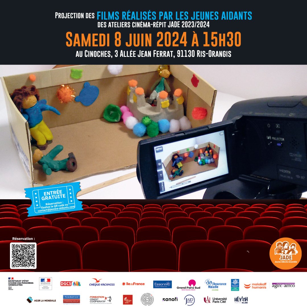 Venez assister à la projection des films réalisés par les jeunes aidants des ateliers cinéma-répit JADE 2023-2024 ! Cette dernière aura lieu le samedi 8 juin  à 15H30, au Cinoches, 3 allée Jean Ferrat, 91130 Ris-Orangis. 

👉 helloasso.com/associations/j…