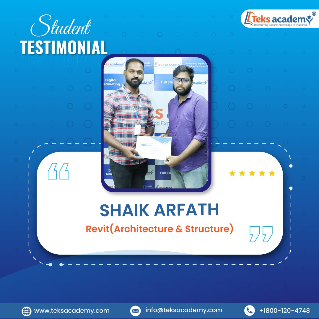 TeksAcademy's tweet image. #Congratulations &quot;Shaik Arfath&quot; 👩‍🎓

&quot;We are pleased to announce that you have completed the &quot;#RevitArchitecture &amp;amp; Structure&quot; course at Teks Academy!&quot;

#revitstructure #bimodel #autocad #testimonial #certification #academy #CSKvsSRH #ModiBookCreatesRecord #ShashankSingh #Ramayana