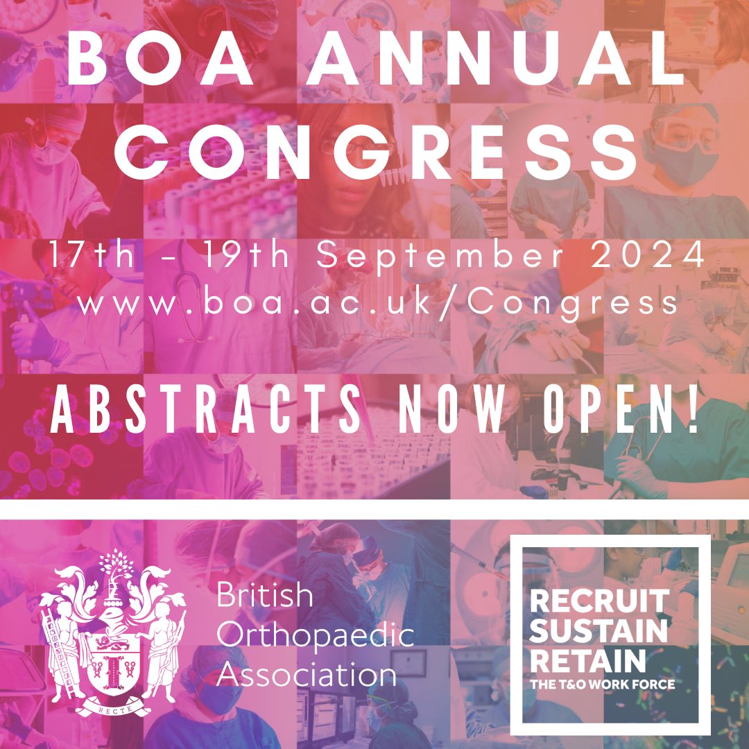 REMINDER! Abstract submissions are now open and close Sunday 5th May! Categories include, Education, Trauma, Hip, Knee, Developing World Orthopaedics, Medical Students, and more. For more information at boa.ac.uk/Abstracts #BOAAC24 #orthotwitter