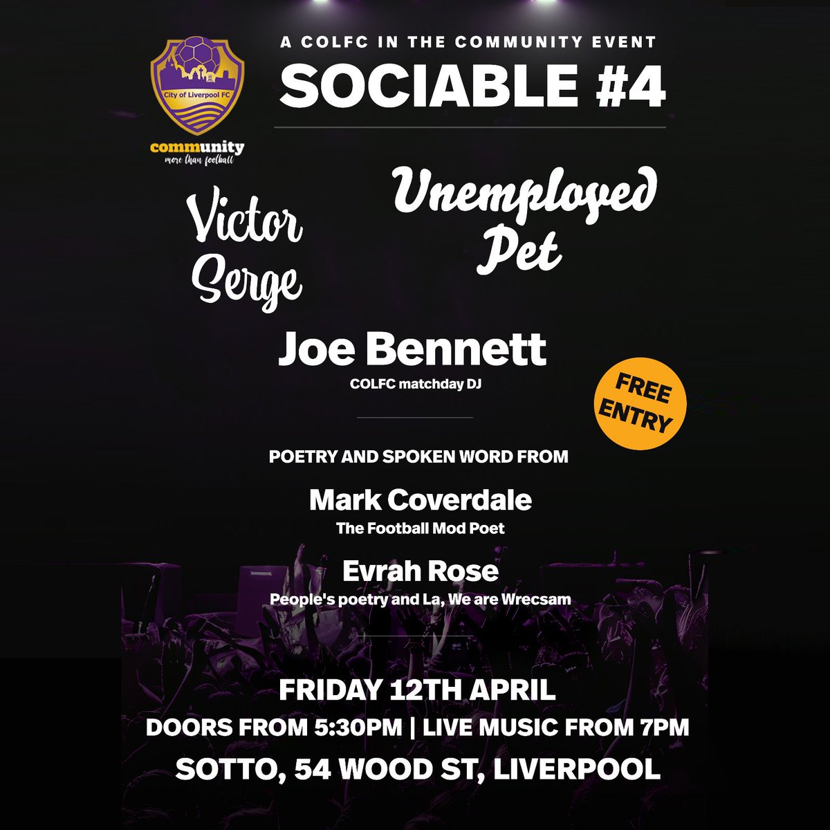 Gig! Next Friday. Football. Poetry. Music. Socialism. Community. It's all so very Liverpool innit? Add to that the exacting rhymes of the ever-awesome @evrahrose + tunes from the fine folk @victorsergemus1 & Unemployed Pet and you've a class night out. Can't wait. See you there.