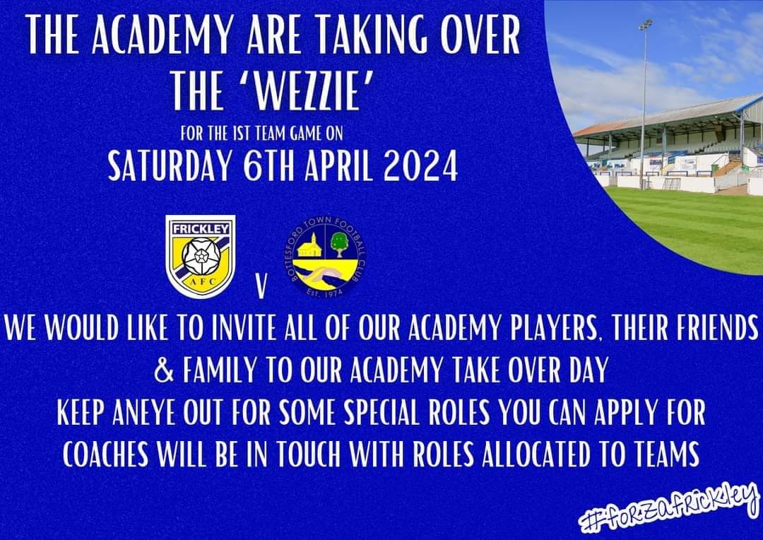 Tomprrow at the Academy takeover day there will be a turnstile marked for Academy entry. Every current Academy player gets free entry for themselves and one parent additional.entry is £5 for adults, £2 for U16s #ForzaFrickley