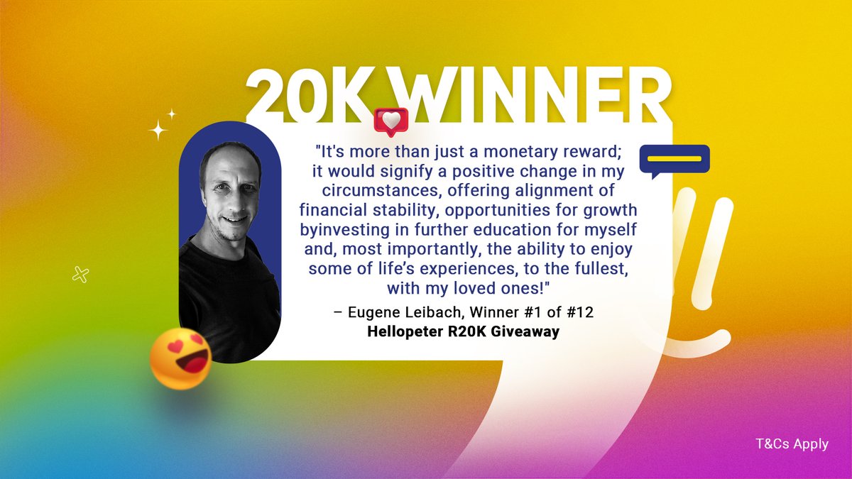 This could be YOU next! ✨ Congrats again to our very first winner, Eugene Leibach, who won R20,000 by reviewing a business not yet listed on Hellopeter. Enter here: hubs.li/Q02rtJn10 T&Cs apply. #Hellopeter #HellopeterReviews #ReviewstoRiches