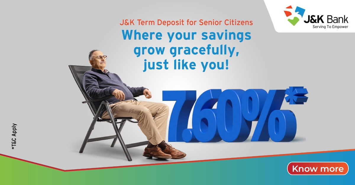 Embrace the journey of financial growth with J&K Bank Term Deposit, offering Senior Citizens an attractive interest rate of 7.60%*

#JKBank #FixedDeposit #Finance #Savings #FinancialFreedom #Investments
#SavingMoney #TermDeposit
