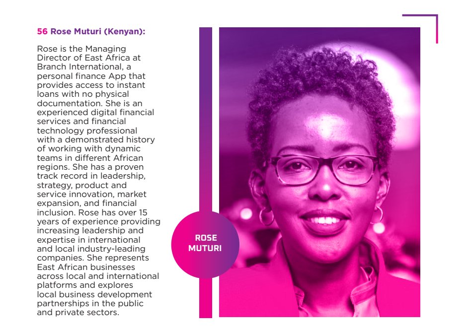 2024 Top 100 #WomenInFinTech 👇👇 56. @RoseMuturi_1 (Kenyan): Rose leads @branch_mfb's East Africa division, offering a personal finance app for instant loans without physical paperwork. With over 15 years of experience in digital financial services and fintech across Africa,…